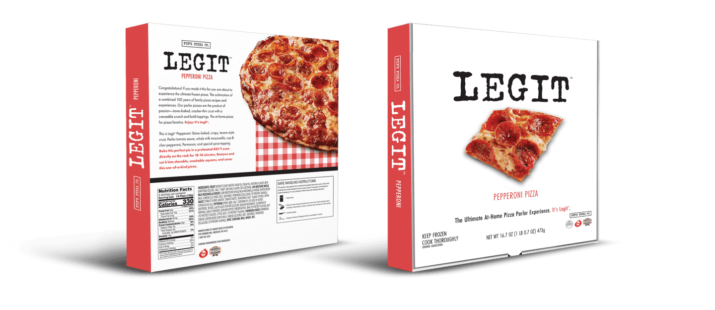 Front and back of pizza box for Legit Pizza by Element