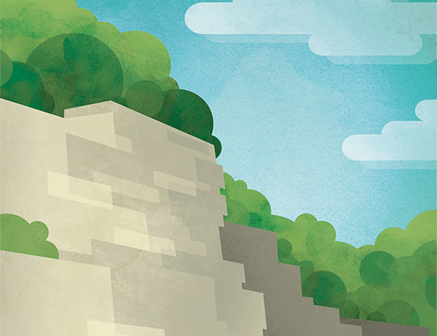 custom illustration of limestone cliff, trees, and sky